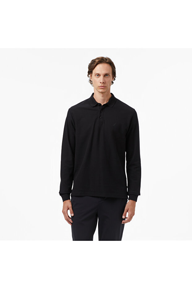 Men's Black Classic Fit Long Sleeve Polo Neck T-Shirt