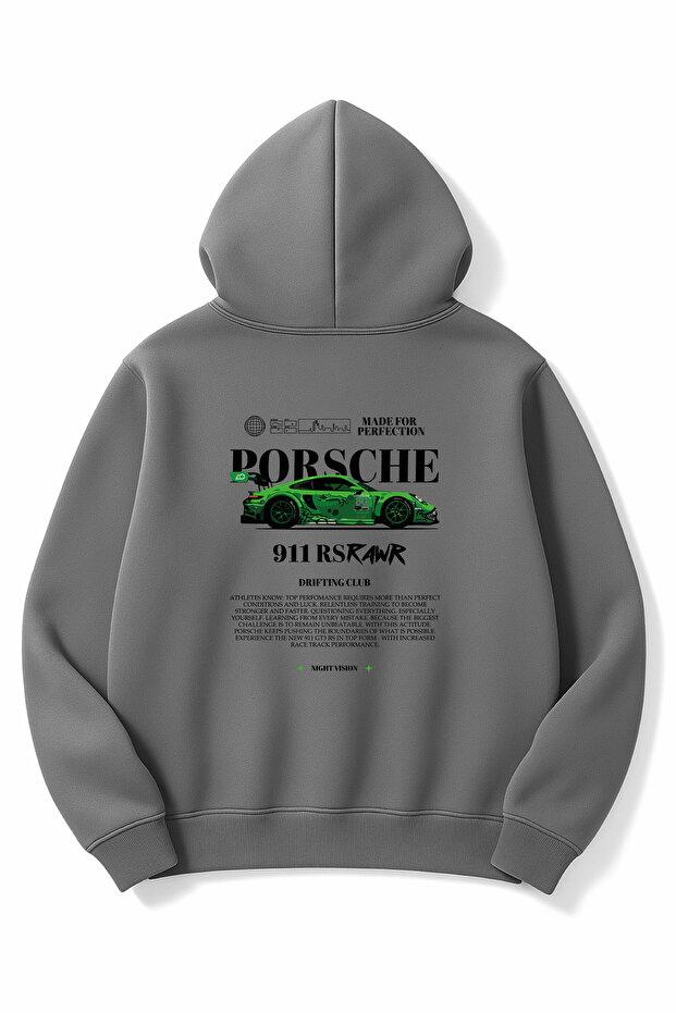 Oversized Smoke Gray Unisex Porsche 911 Gt3 Printed Hooded Sweatshirt