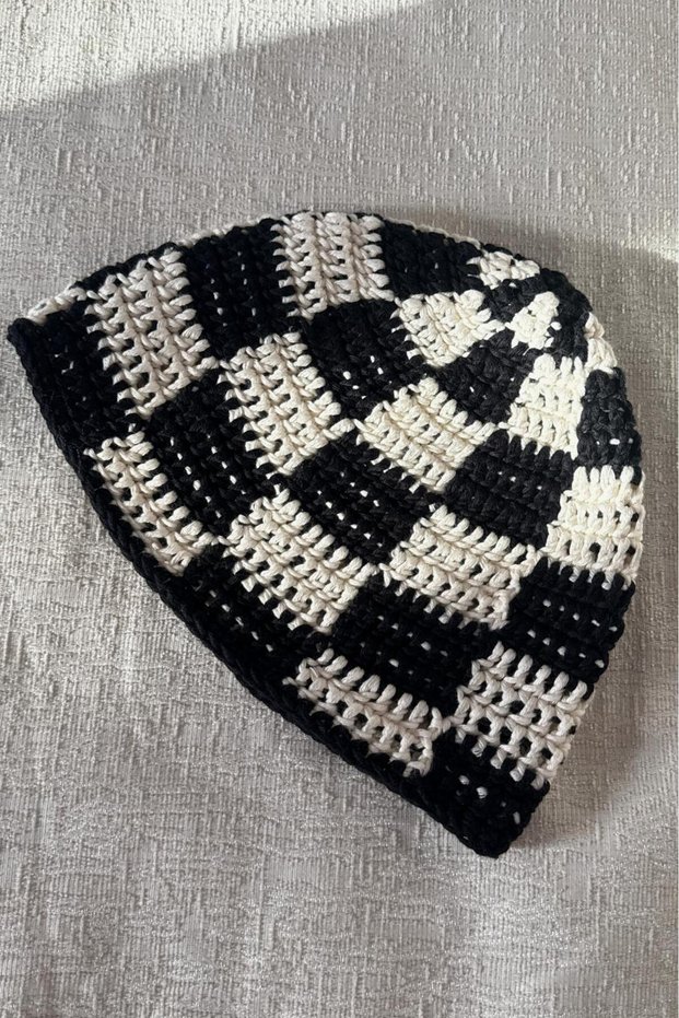 Checkerboard Pattern Knitted Hat, Crochet Hat, Hand Knitted Hair Accessory, Unisex