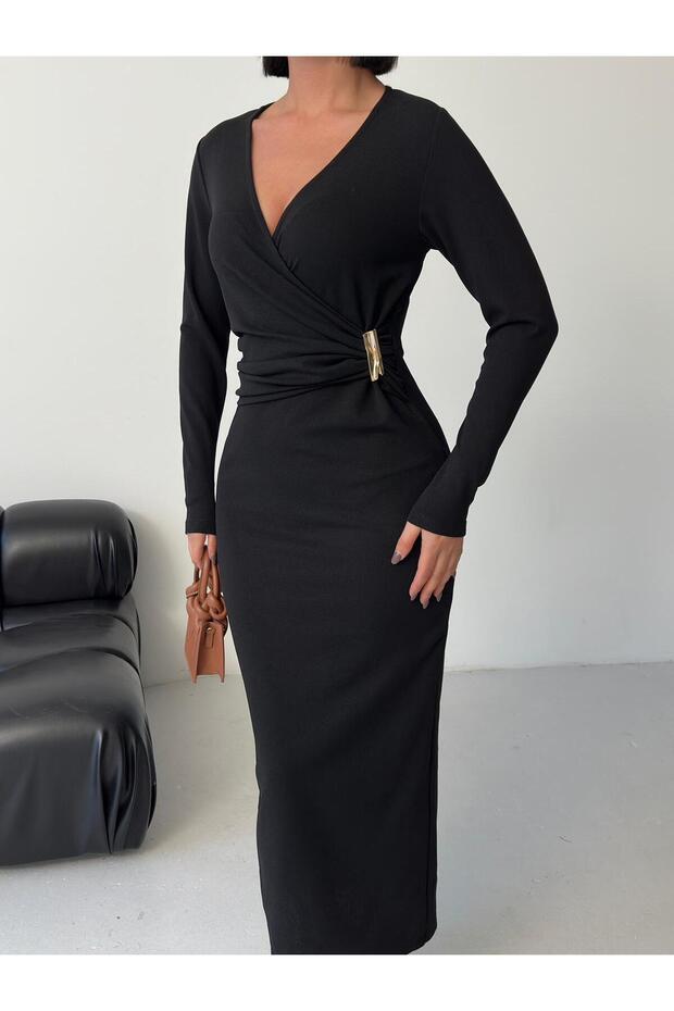 Double-Breasted Collar Long Sleeve Gathered Accessory Waistband Detail Back Slit Maxi Length Crepe Dress