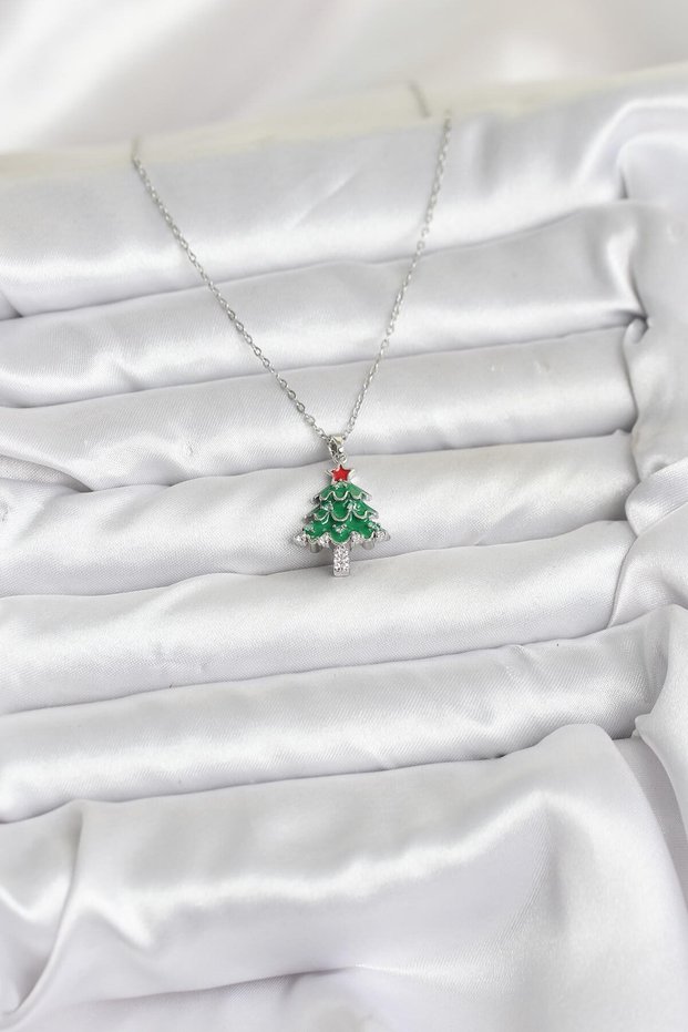 Silver Steel Chain Pine Tree Christmas Theme Women's Necklace for Elegant Necks