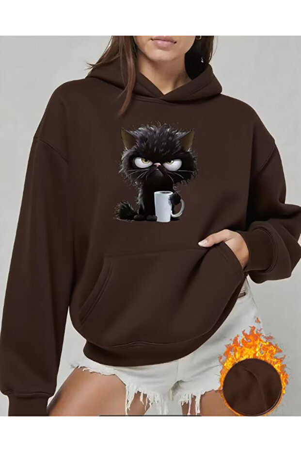 Hooded Sweatshirt with Cat Print Detail