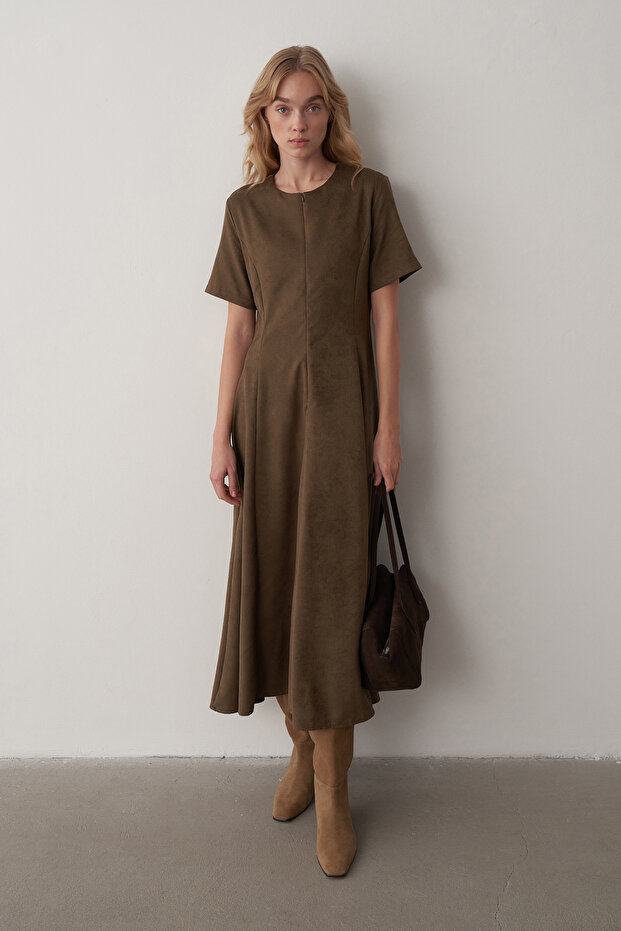 Haki Maxi Süet Elbise - 4