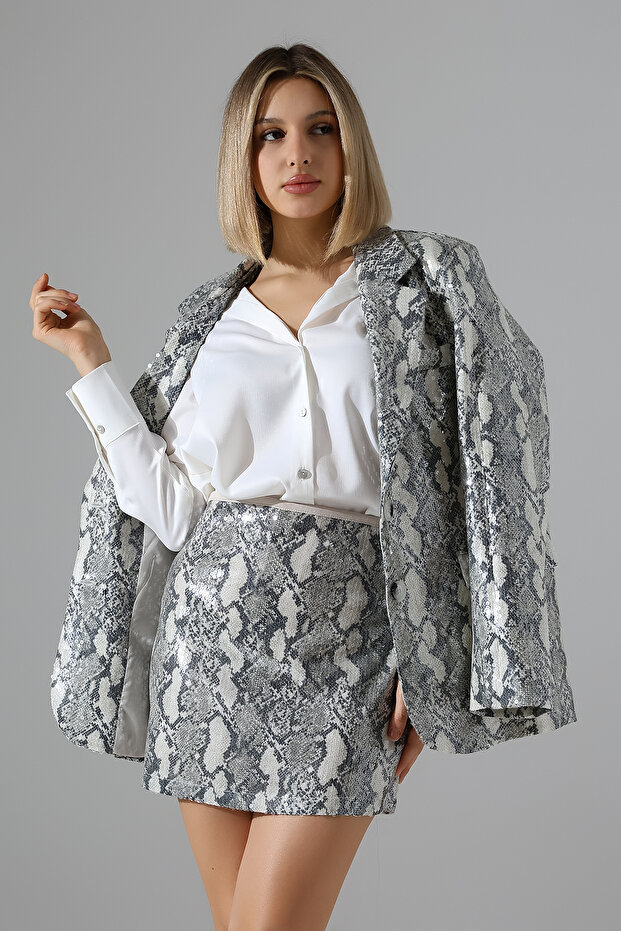 Kadın Leopar Payetli Basic Mini Etek 2448-THL - 3