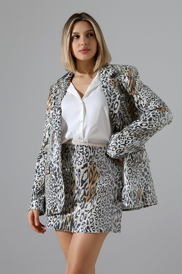 Kadın Leopar Payetli Basic Mini Etek 2448-THL - 3