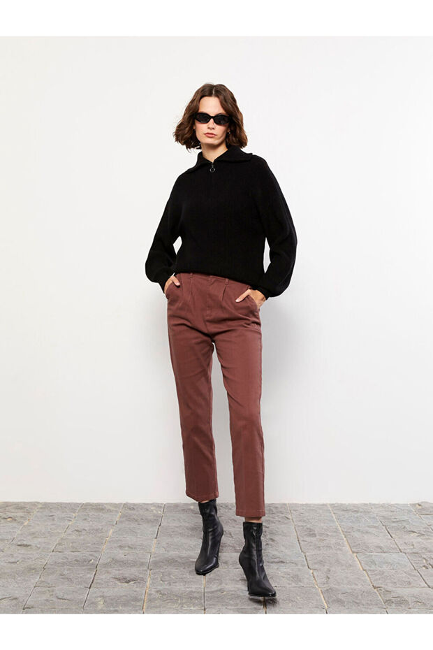 Brown Elastic Waist Standard Fit Straight Gabardine Women's Trousers