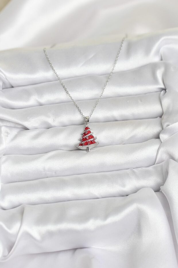 Silver Steel Chain Red Pine Tree Christmas Theme Women's Necklace for Elegant Necks