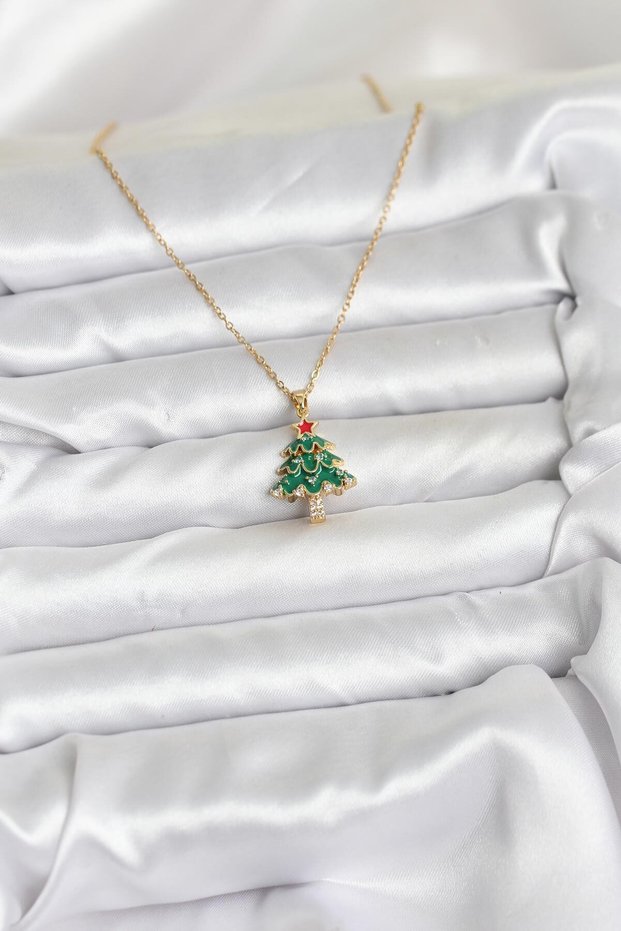 Golden Steel Chain Pine Tree Christmas Theme Women's Necklace for Elegant Necks