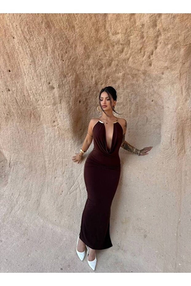 Degaje Draped Gold Accessory V-Neck Backless Side Ruched Side Slit Lined Long Dress