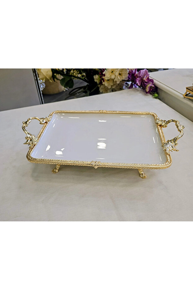 Cast Edge Frame Footed Porcelain Presentation Plate 30*22 Gold