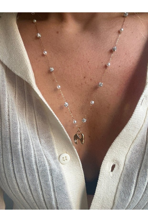 Stainless Steel Letter N Pearl Chain Merci Necklace