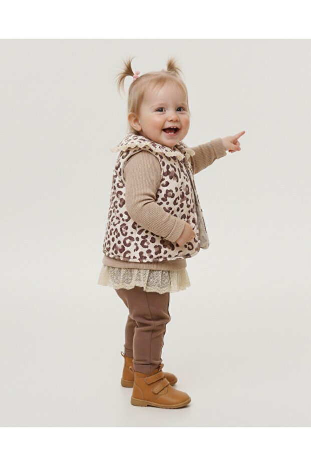 Baby Girl Leopard Patterned Inflatable Vest Set , 2-3-4 Years Old with Tights Transitional Stylish 3-Piece Combination Set