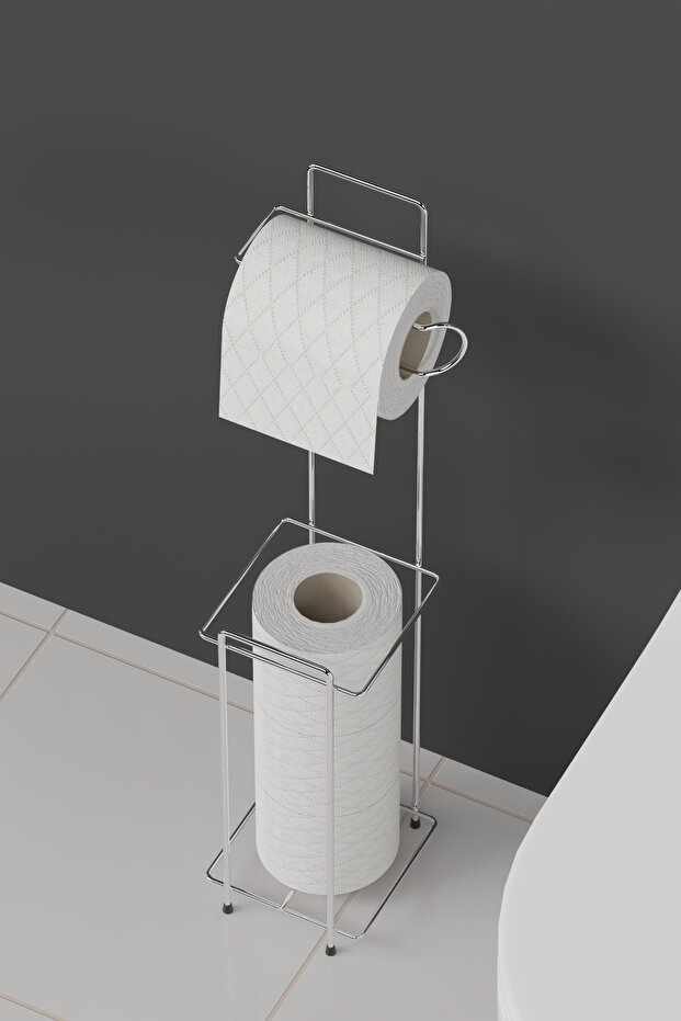 Chrome Metal Toilet Roll Holder – Refillable Toilet Roll Stand – Modern Stylish Bathroom Accessory 58X12X12 cm