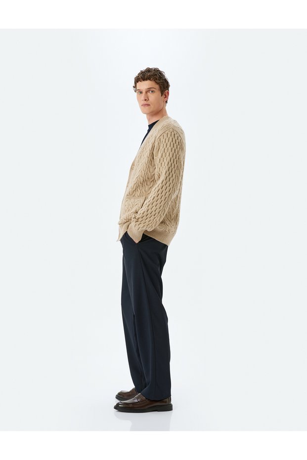 V-Neck Pocketed Textured Buttoned Knit Cardigan