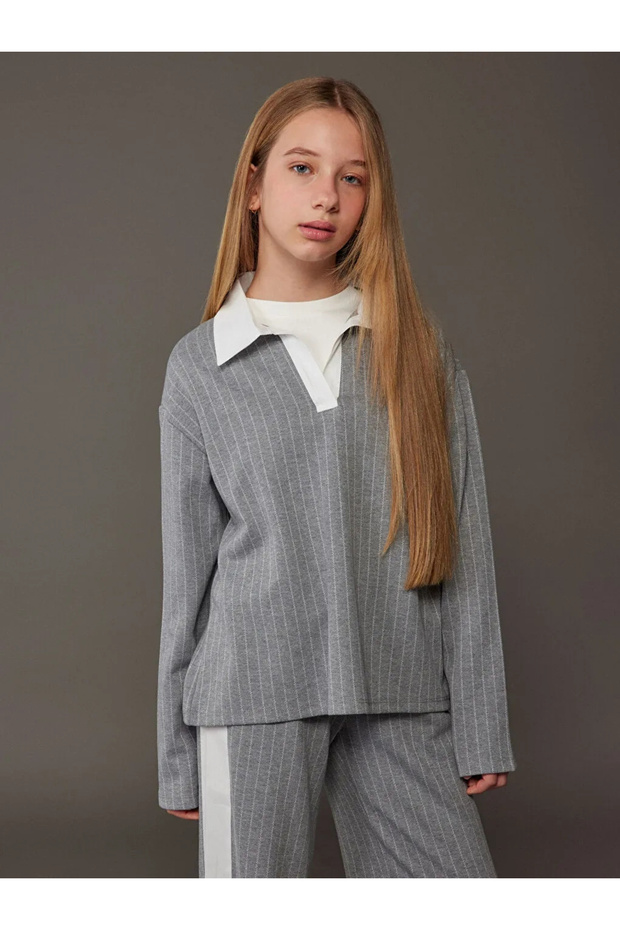 Kids Gray Polo Neck Cotton Interlock Fabric Striped Girls Sweatshirt and Leggings Set