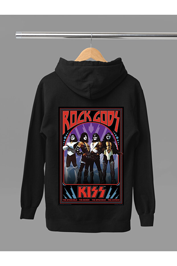 Kiss Printed Cotton Long Sleeve Fleece-Lined 3 Yarn Hooded Rock Sweatshirt
