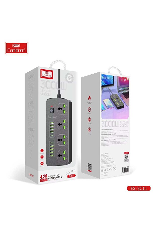 EU Plug 3000W Extension Socket with Surge Protection & Quick Charge USB, 3M Cord