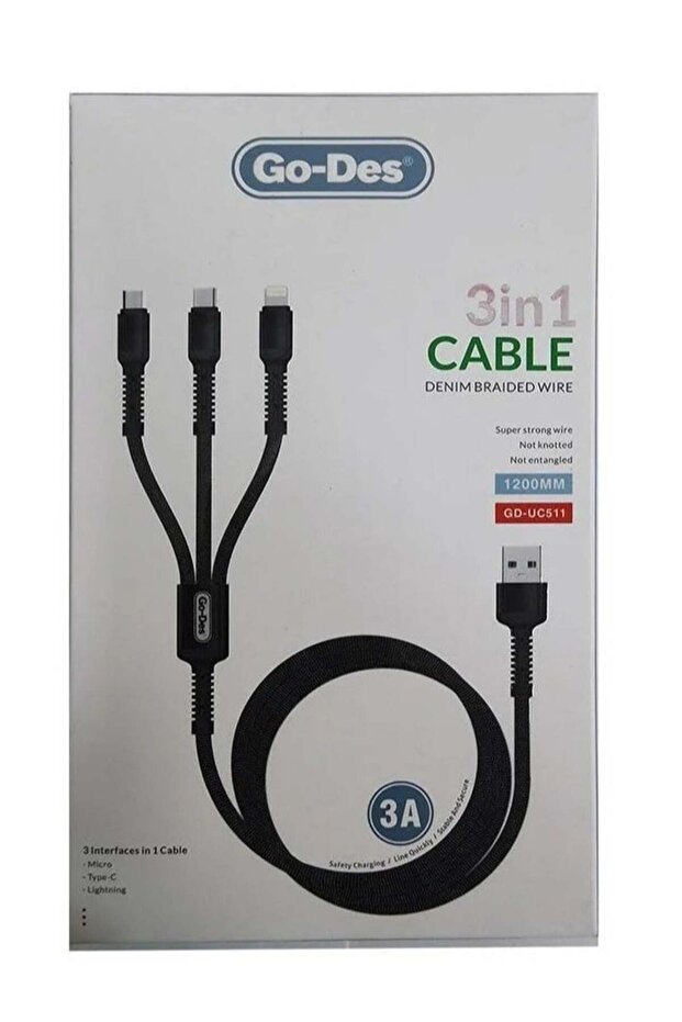 3in1 Fast charging Data cable type C iOS and Micro USB 3A, 1.2M GD-UC511