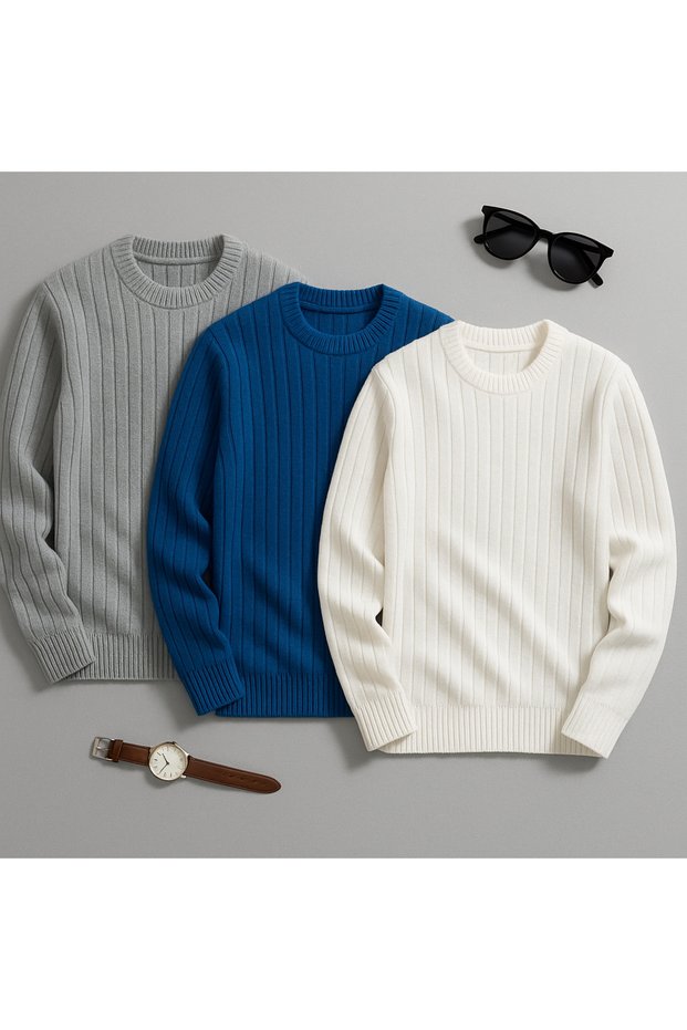 3-Piece Men's Knitwear Sweater Set – Ribbed Texture, Premium Knitted Quality, Economical Price Advantage