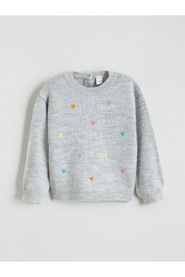 Gray Heart Embroidered Girls' Knit Sweater