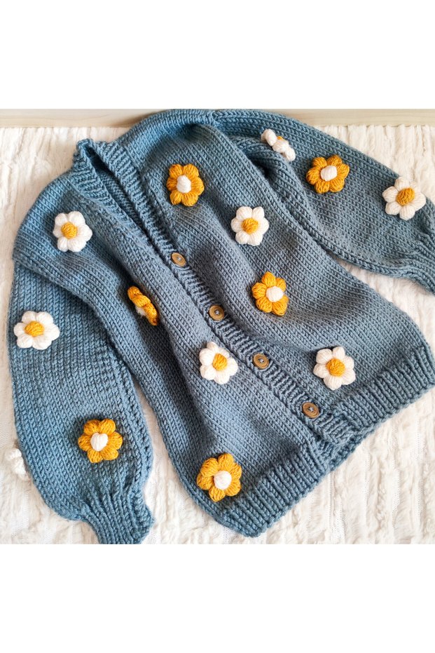 Hand Knitted Daisy Motif Girl's Cardigan 6-7 Years Old
