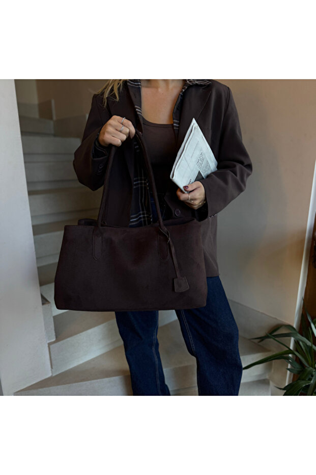 Women's Bitter Brown Magnetic Closure Suede Large Hand and Shoulder Bag