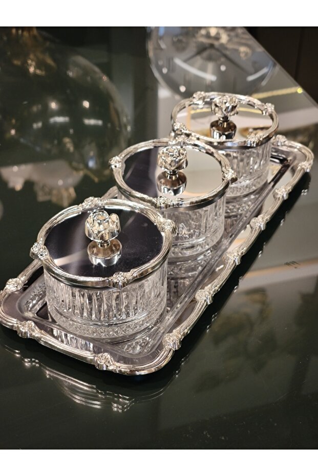 NEW ROSE DETAILED SILVER 3-PIECE SERVING SET WITH TRAY, JAM BOWL, SNACK BOWL