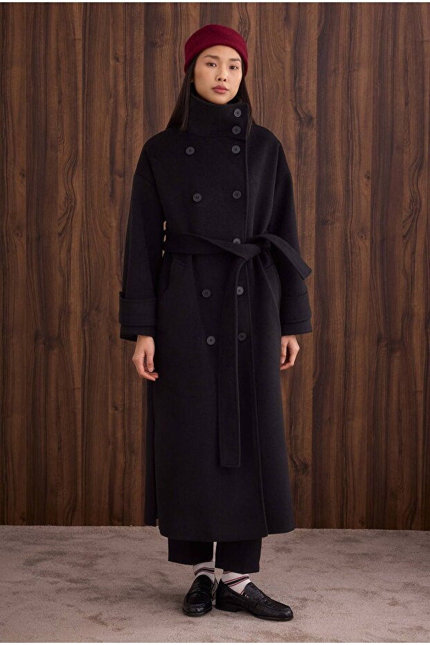 Funnel Neck Long Coat Black