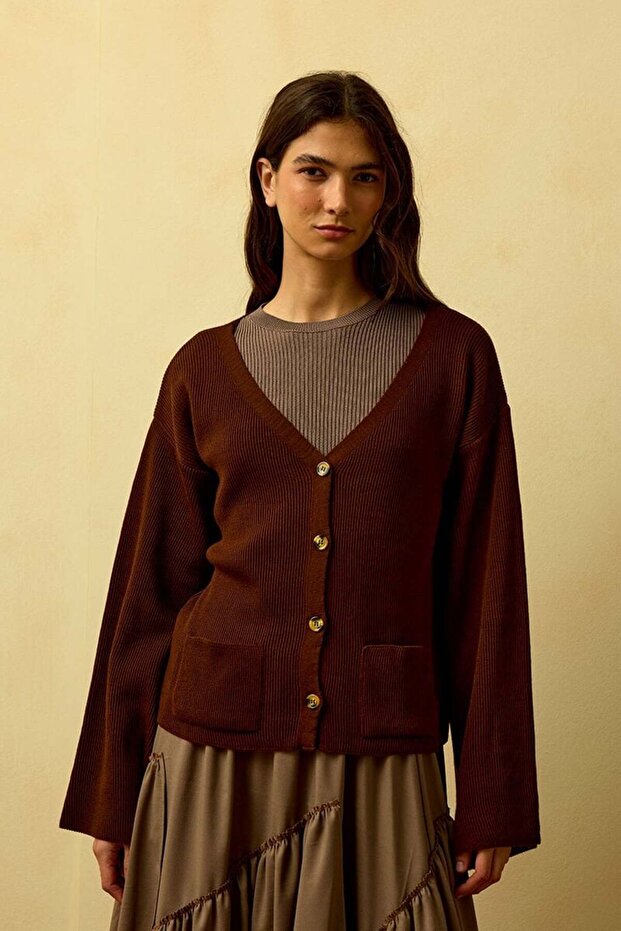 Acı Kahve İspanyol Kol Triko Hırka - 1