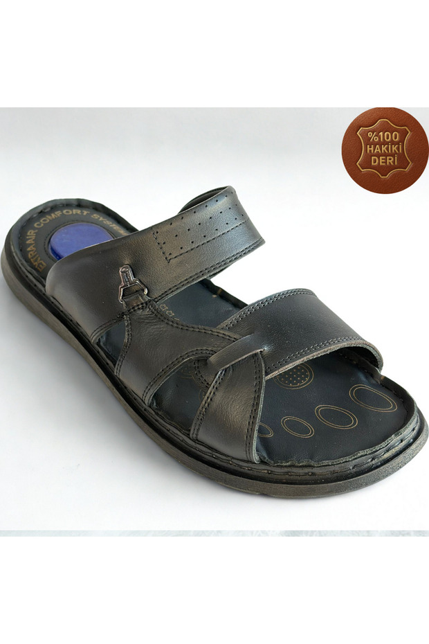 Men's Genuine Leather Slippers Ultra Comfortable Orthopedic Sole Lightweight Soft Comfortable Daily Black Slippers