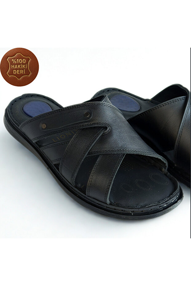 Men's Genuine Leather Slippers Ultra Comfortable Orthopedic Sole Lightweight Soft Comfortable Daily Black Slippers