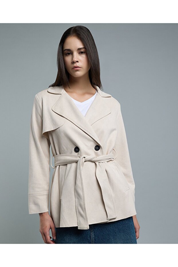 Solid Double Breasted Jacket With Button Closure - 1