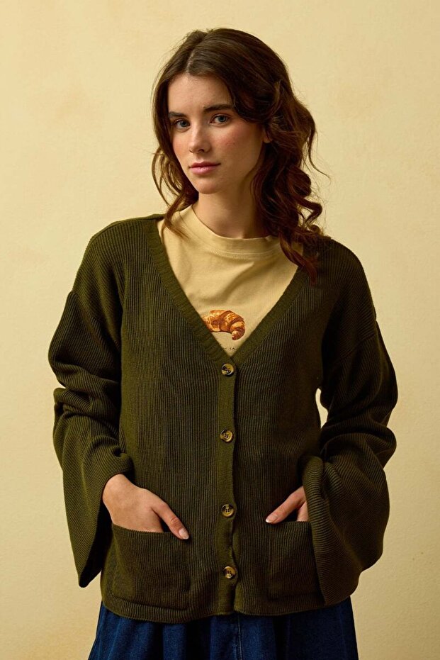 Haki İspanyol Kol Triko Hırka - 1