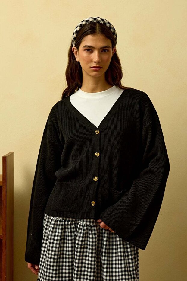 Siyah İspanyol Kol Triko Hırka - 2