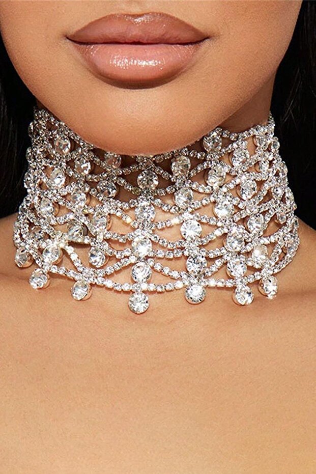 Silver Color Stone Detailed Design Evening Dress Necklace