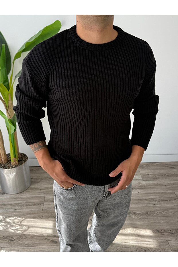 Men's Black Regular Crew Neck Knitwear Sweater