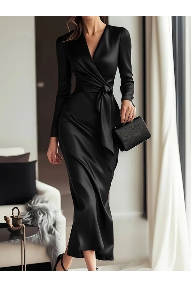 Women's Long Sleeve Double-Breasted Collar Belted Waist Long Satin Dress