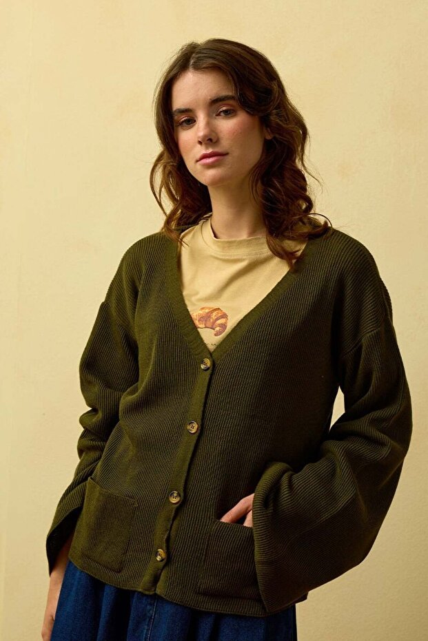 Haki İspanyol Kol Triko Hırka - 2