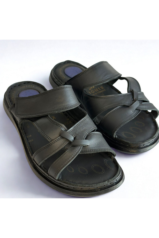 Black Genuine Leather Men's Velcro Slippers Ultra Orthopedic Soft Lightweight Daily Comfortable Black Slippers
