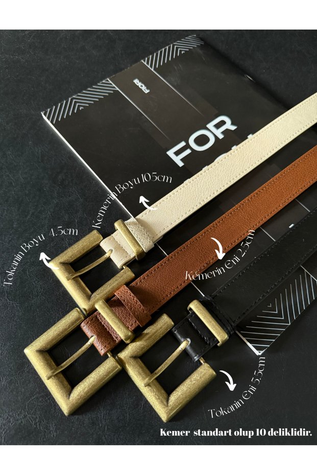 3-Piece Antique Square Buckle Bridged Women's Belt, Trouser Belt, Coat Belt, Dress Belt