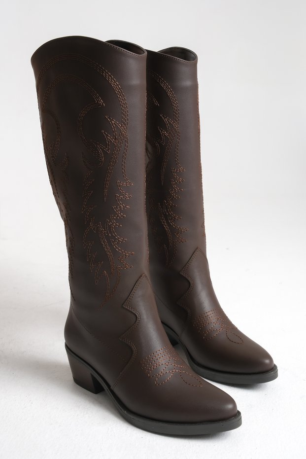 Brown Leather Women's Boots Embroidered Western Cowboy Non-Slip Sole Thick Heeled Sahra
