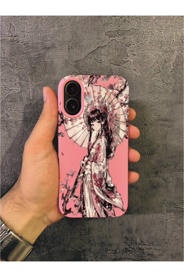 iPhone 16 Plus Compatible Japanese Kimono Umbrella Girl Patterned Pink Case