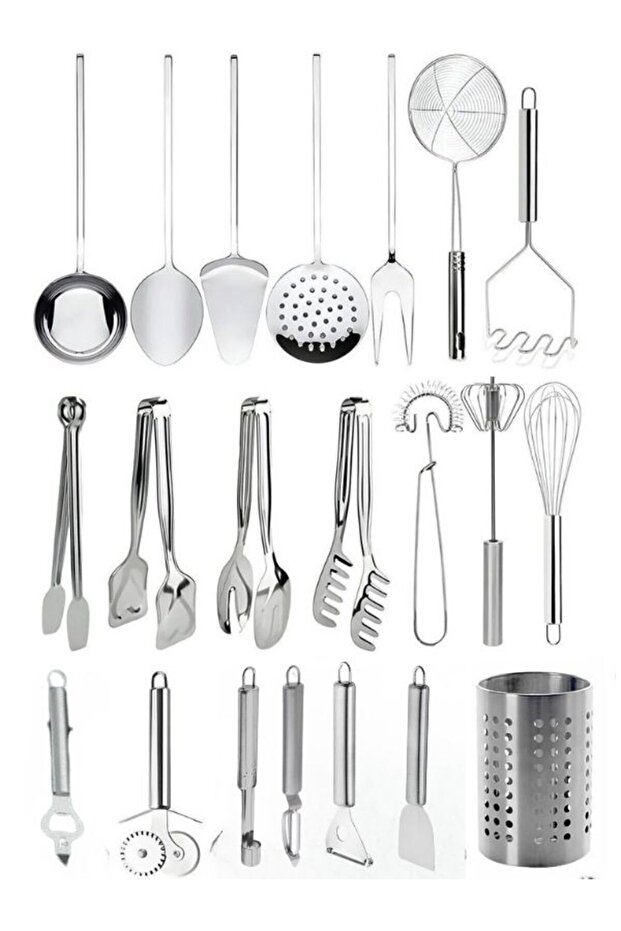 21 Piece Stainless Steel Serving and Cooking Set – Spoon Holder, Tongs, Ladle, Colander, Whisk Set