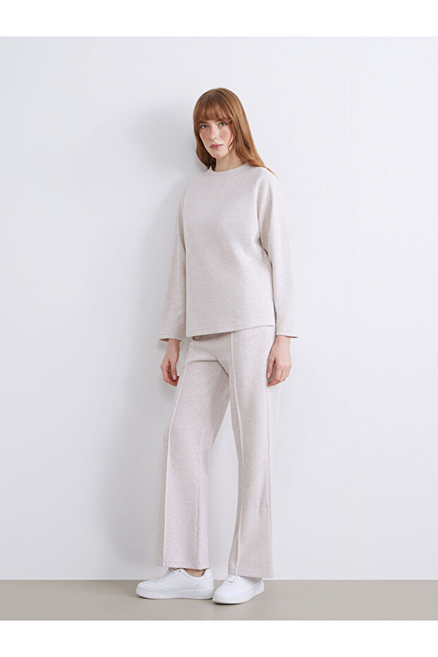 Beige Wide Leg Women's Sweatpants with Elastic Waist