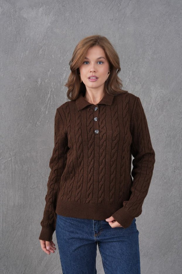 Hair Braid Detail Half Placket Button Polo Neck Knitwear Sweater Aw25Kz0097