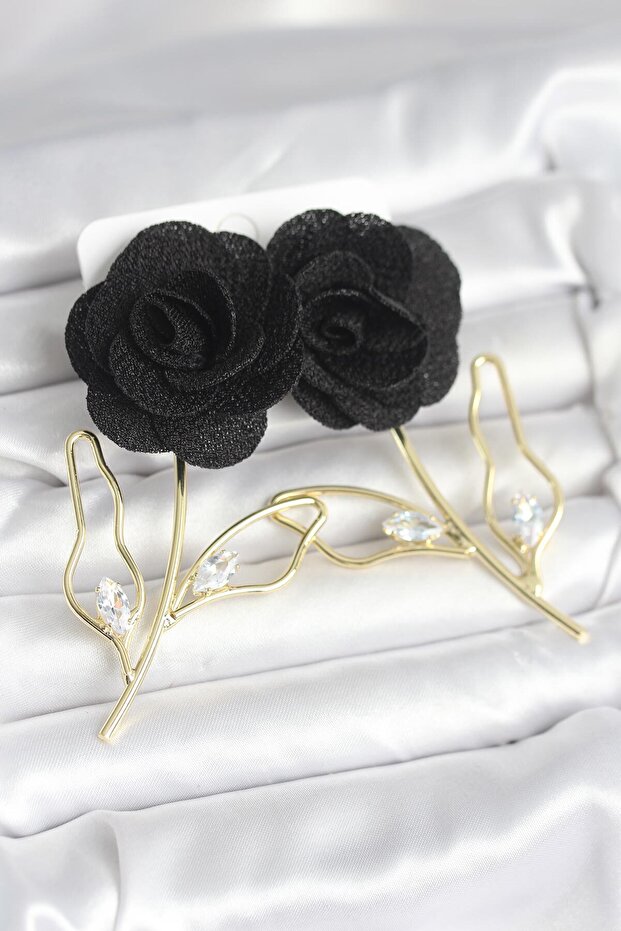 Brass Gold Color Black Rose Model Women's Earrings