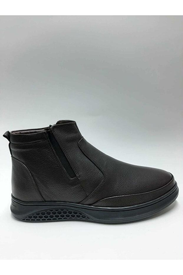 Genuine Leather Laceless Zippered Flexible Rubber Sole with Fur Inside Brown Winter Men's Boots