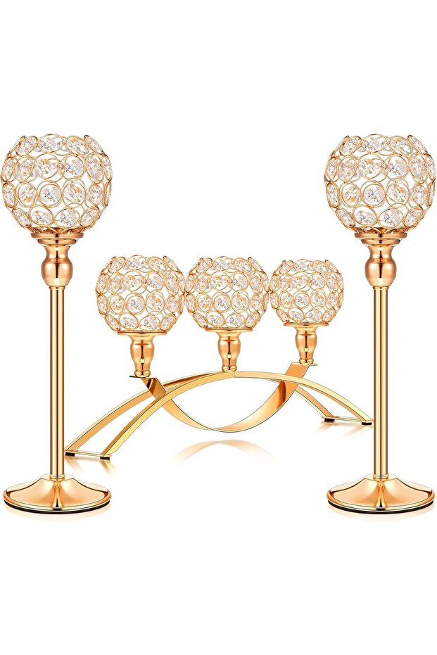 Gold Crystal Candle Holders, 3-Arm Tealight Candelabra Set