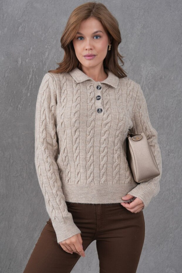 Hair Braid Detail Half Placket Button Polo Neck Knitwear Sweater Aw25Kz0097