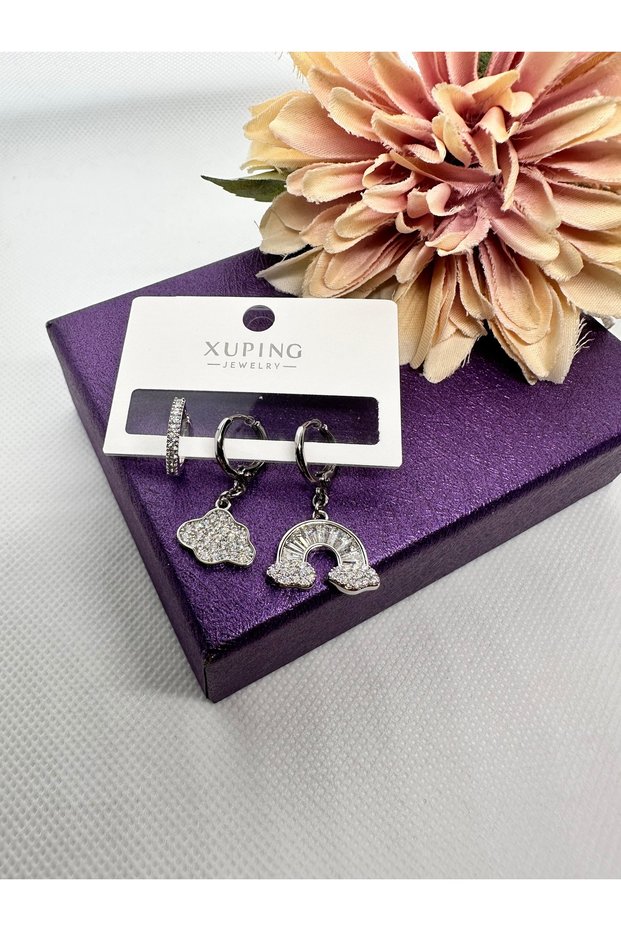Set of 3 Steel Earrings with Cloud and Rainbow Figures and Zircon Stones